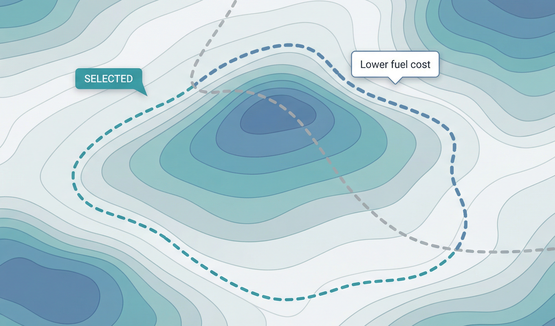 Elevation-aware route around hill vs over hill, fuel-saving option